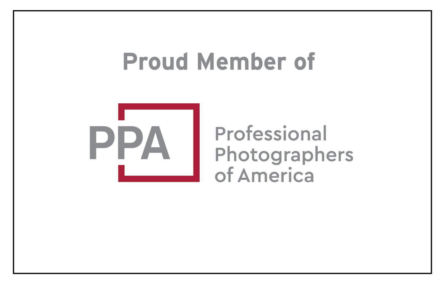 Professional Photographers of America PPA proud member badge with red square logo and border frame.