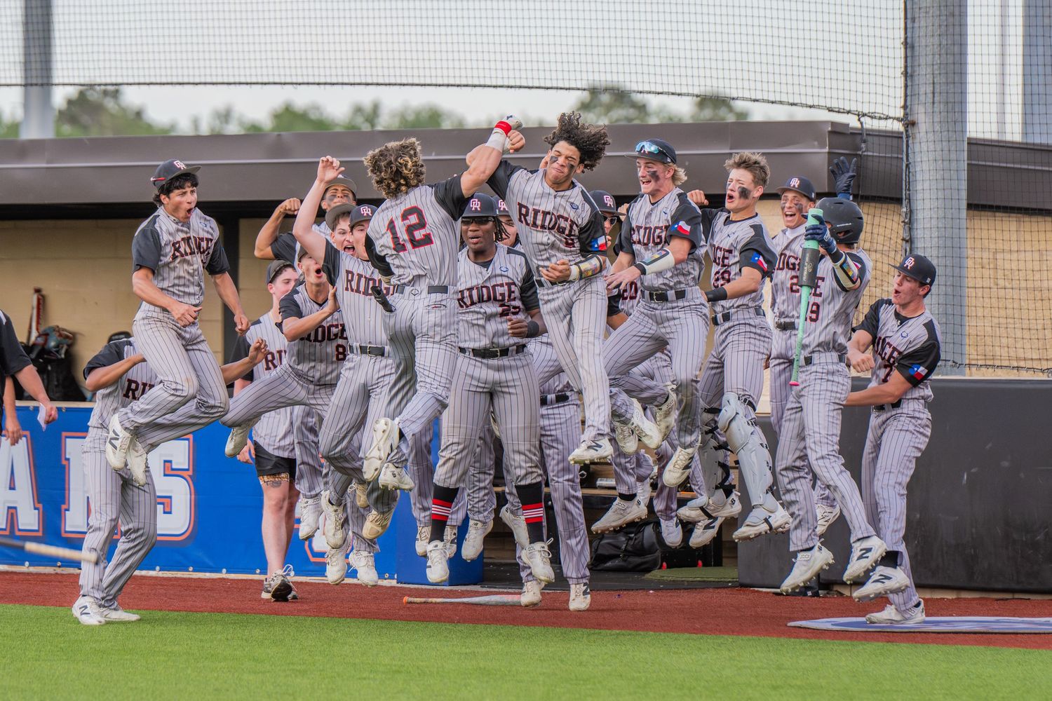 Baseball team celebrates enthusiastically on field after winning a competitive game together.