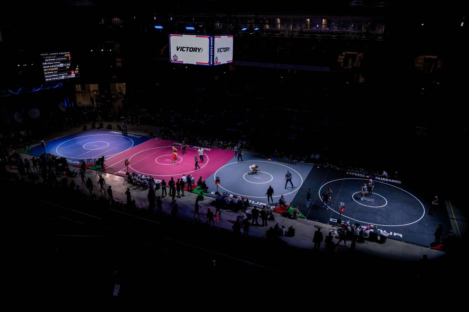 Aerial view of four illuminated wrestling mats in blue and pink at indoor arena.