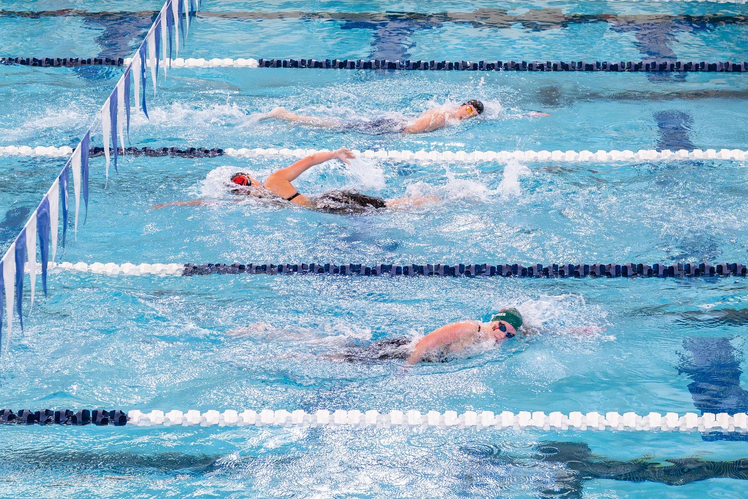 Swimmers compete in freestyle race in outdoor pool with lane dividers during meet.