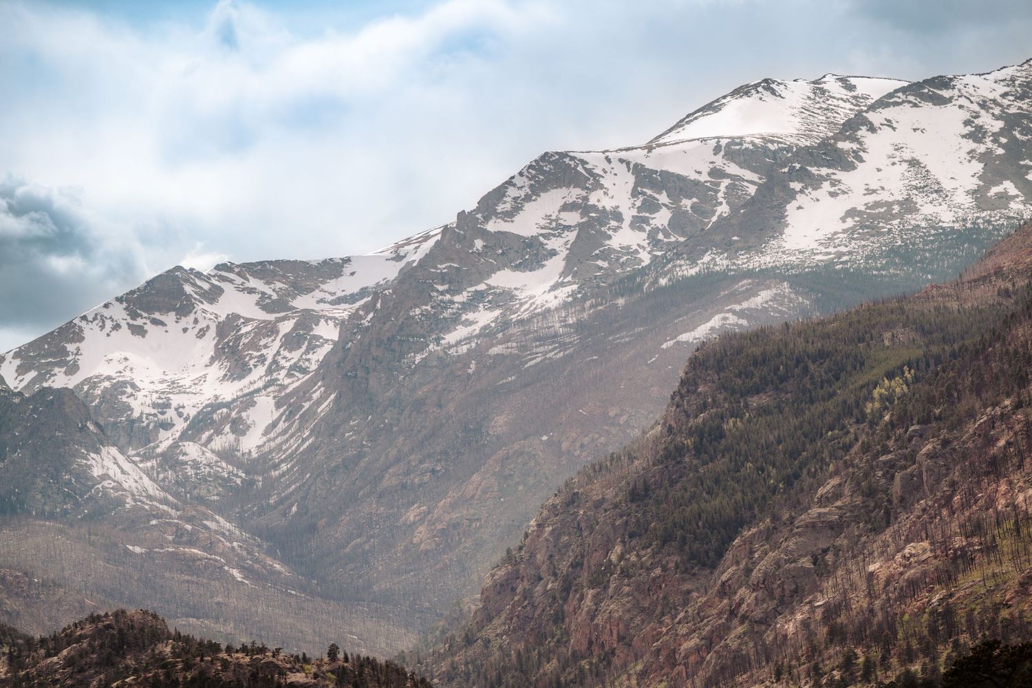 Snow-covered mountain peaks with forested slopes and rocky terrain under a partly cloudy sky.
