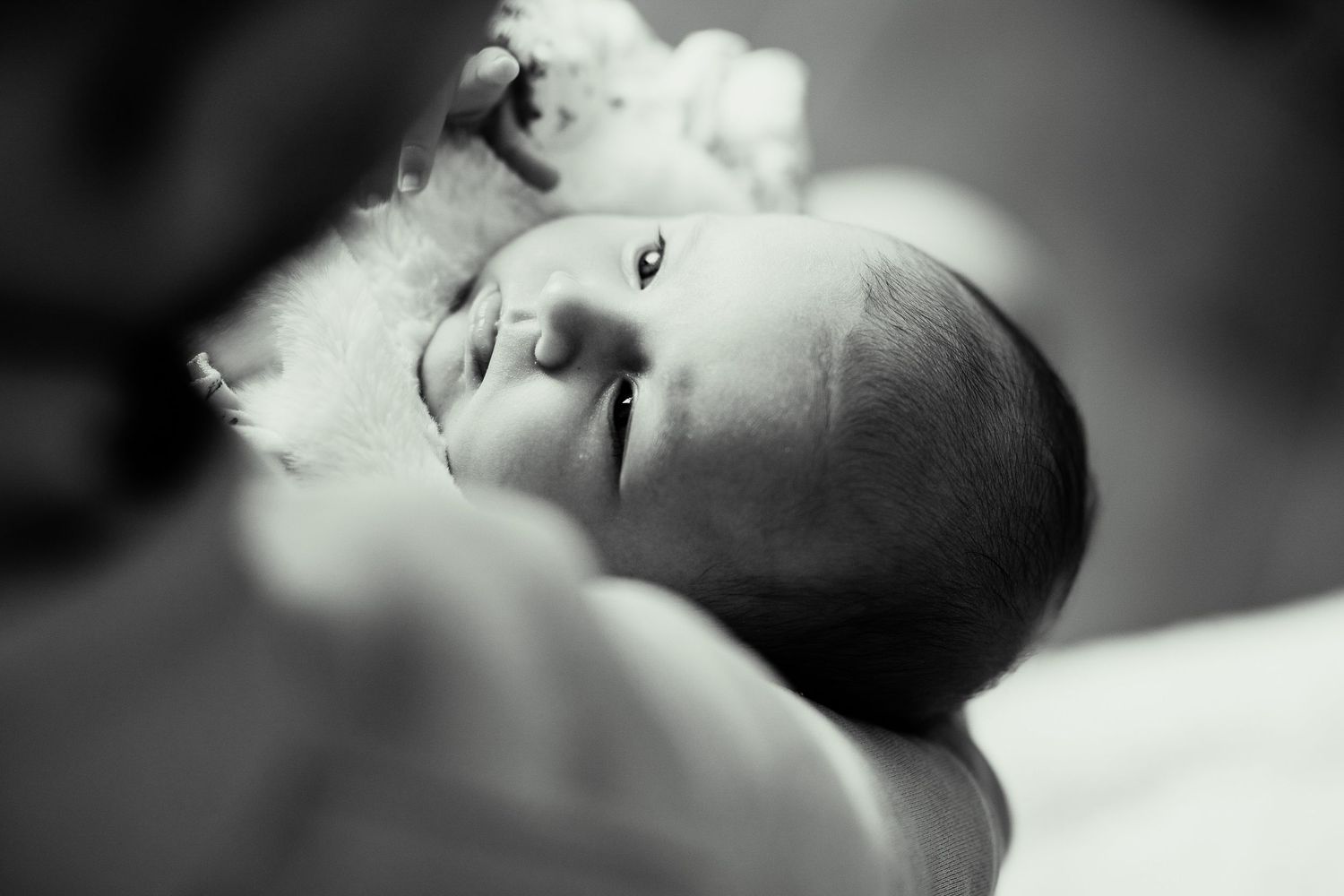 Gros plan noir et blanc bébé endormi – Photographe naissance Calais Côte d'Opale – Thomas Denaveaut