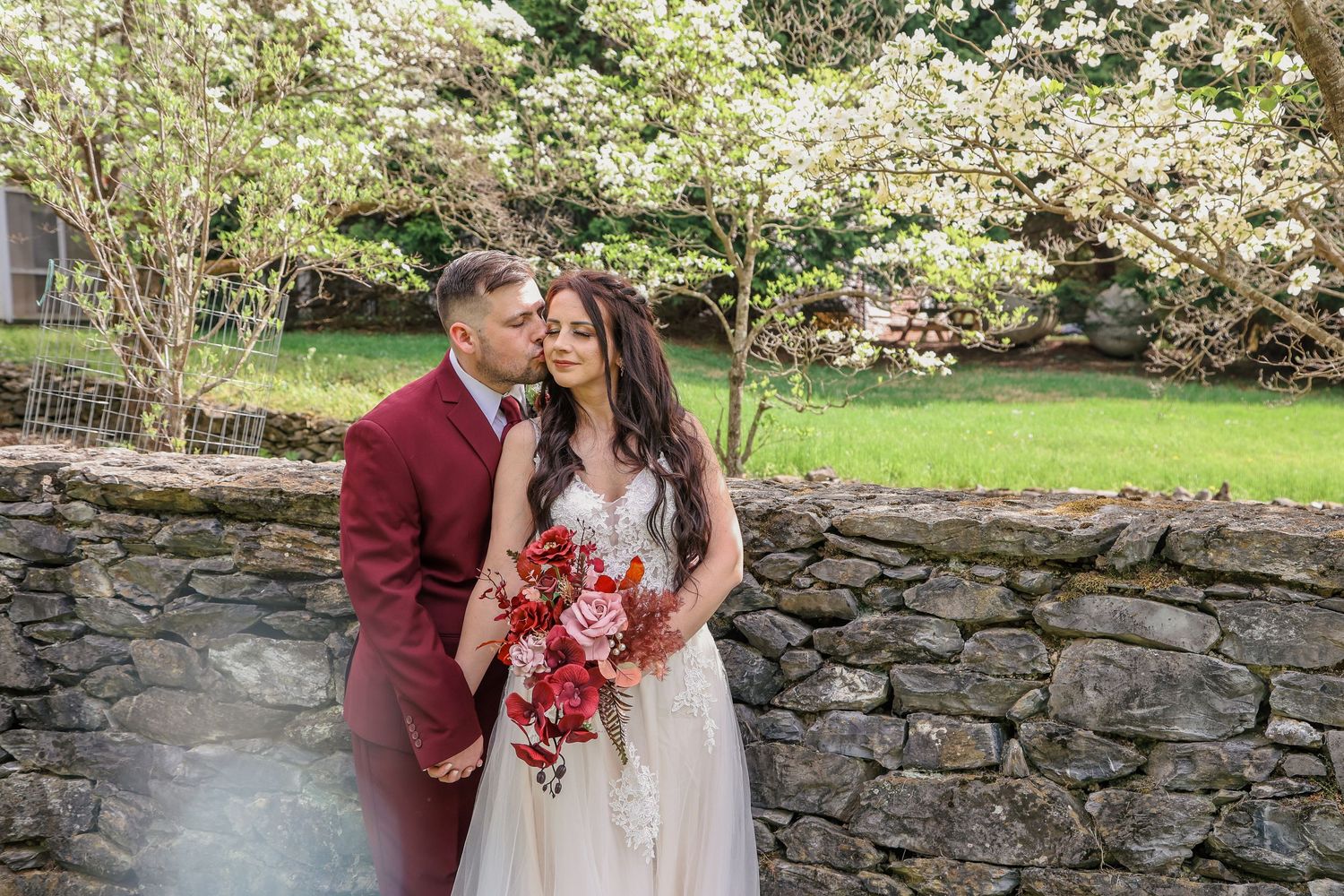 Groom in burgundy suit kisses bride holding red bouquet by stone wall with blooming tree.