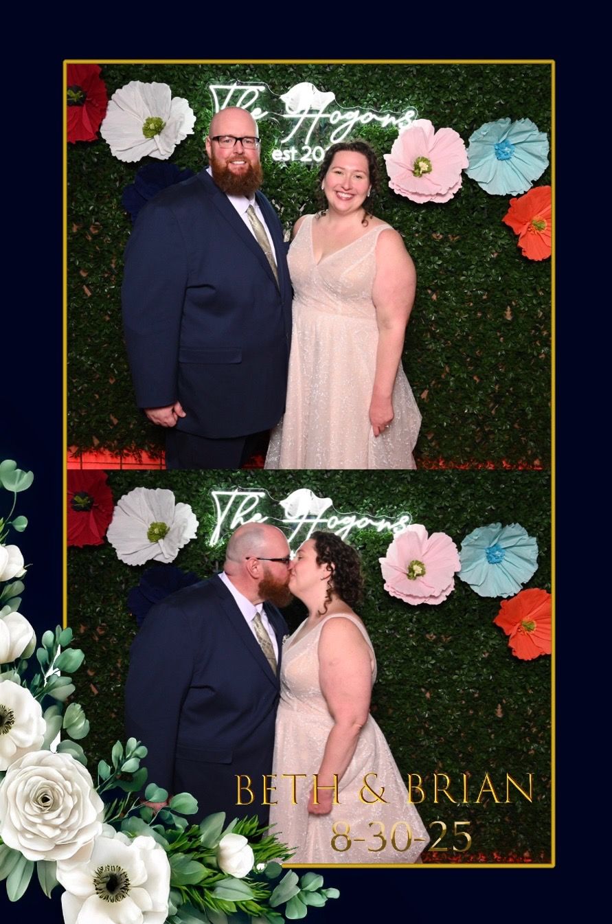 Wedding photo booth strip of Beth and Brian kissing and posing at their floral backdrop celebration on 8-30-25.