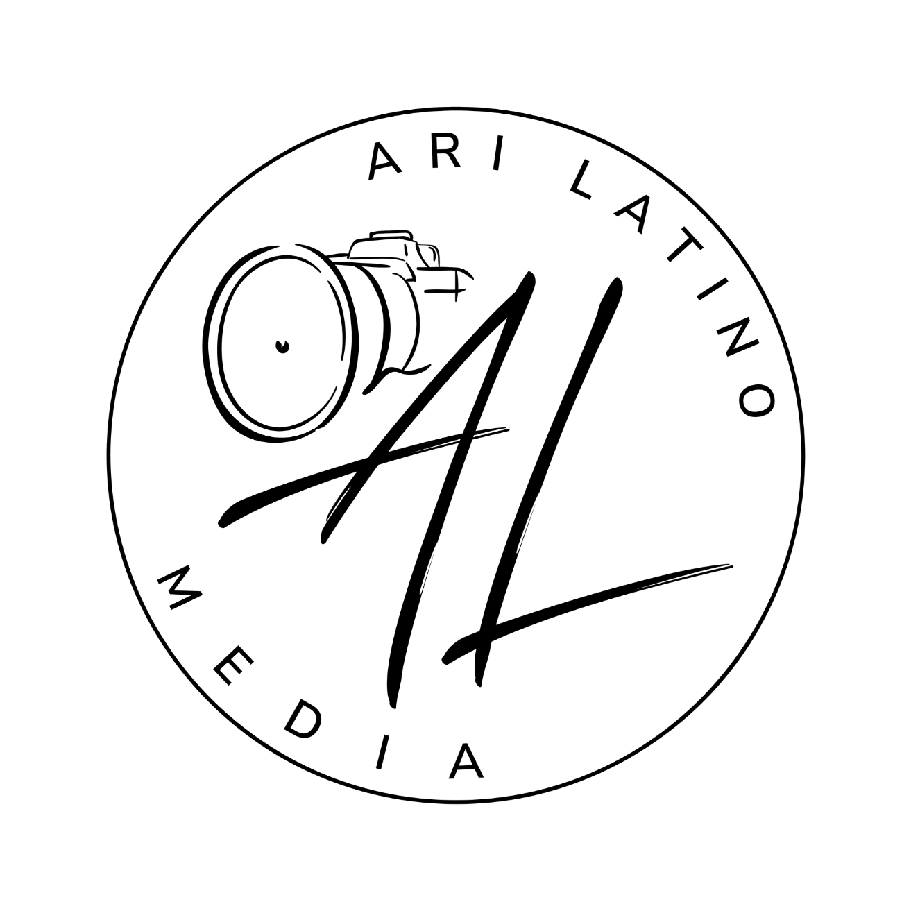 Black and white circular logo for Ari Latino Media featuring a camera graphic and stylized AL monogram.