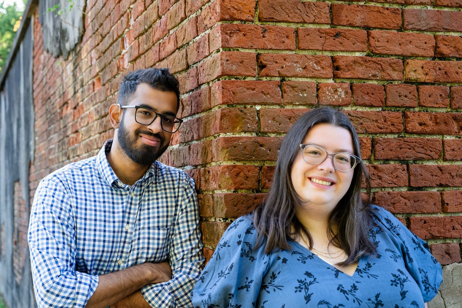 Casual portrait sequence against rustic brick wall outdoors.