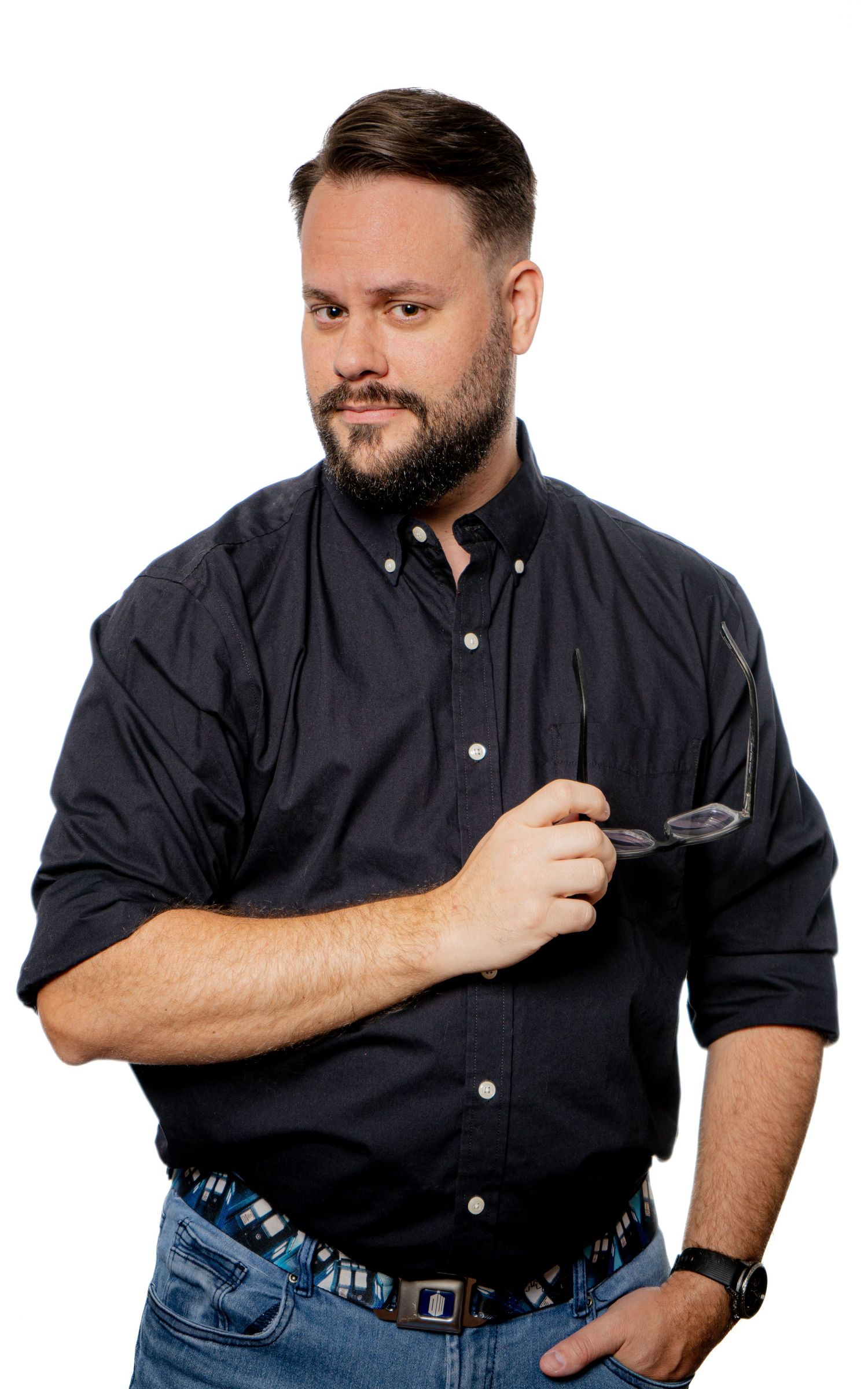 Multiple poses of a person in a black polo shirt against white background showing different expressions.