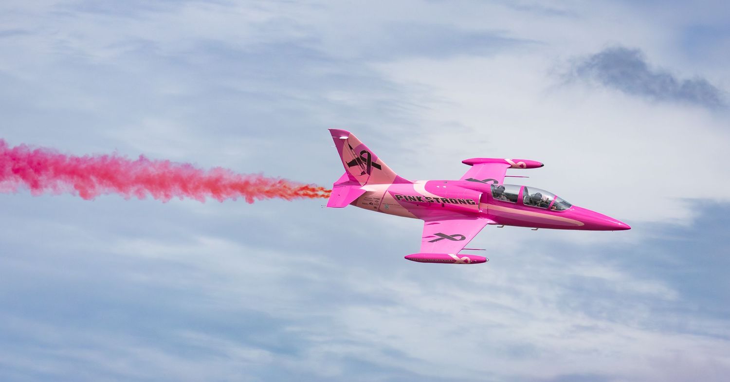 Pink L-39 Albatross flying with pink smoke trail