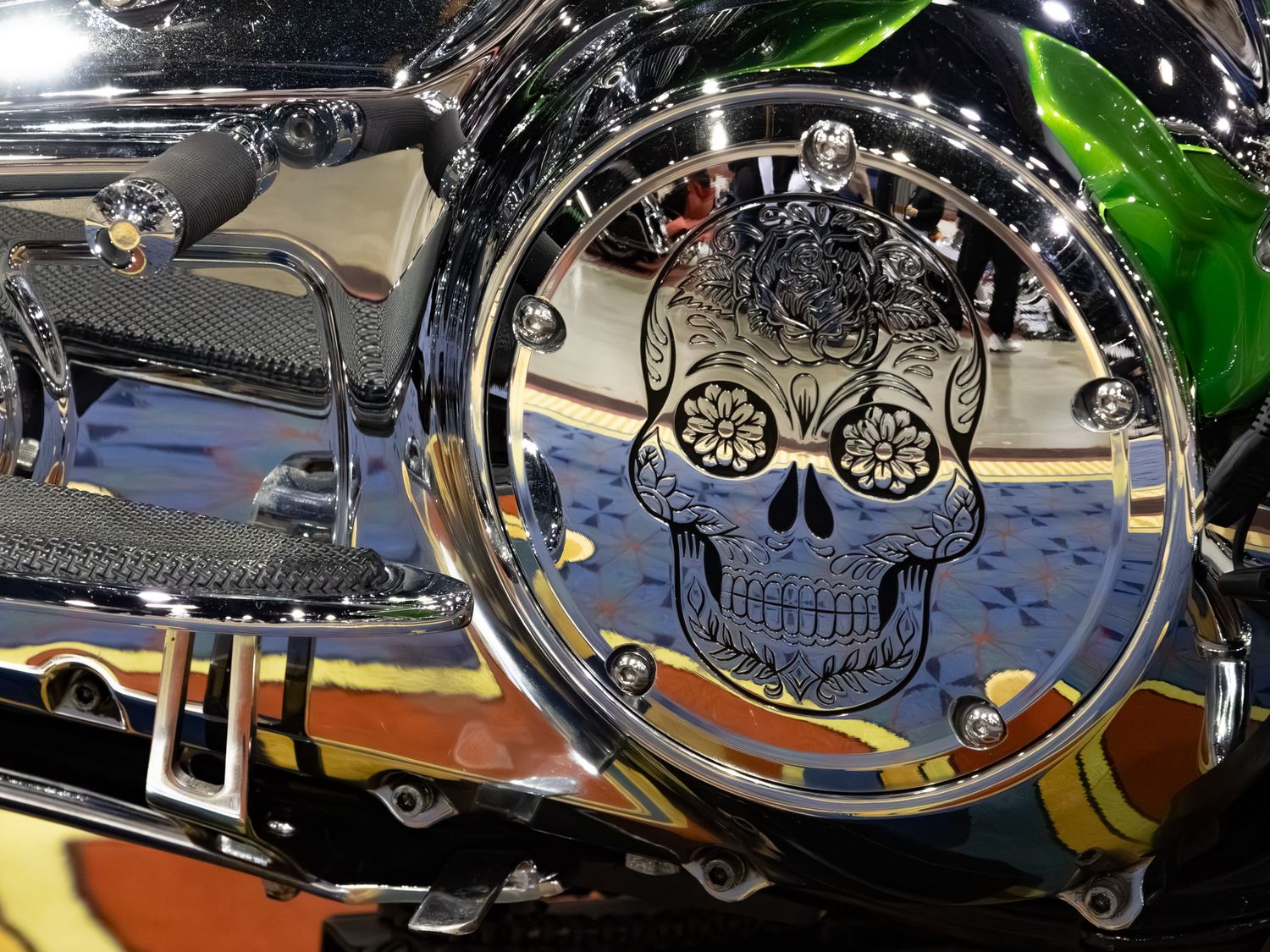 Motorcycle detail photo skull etched in metal