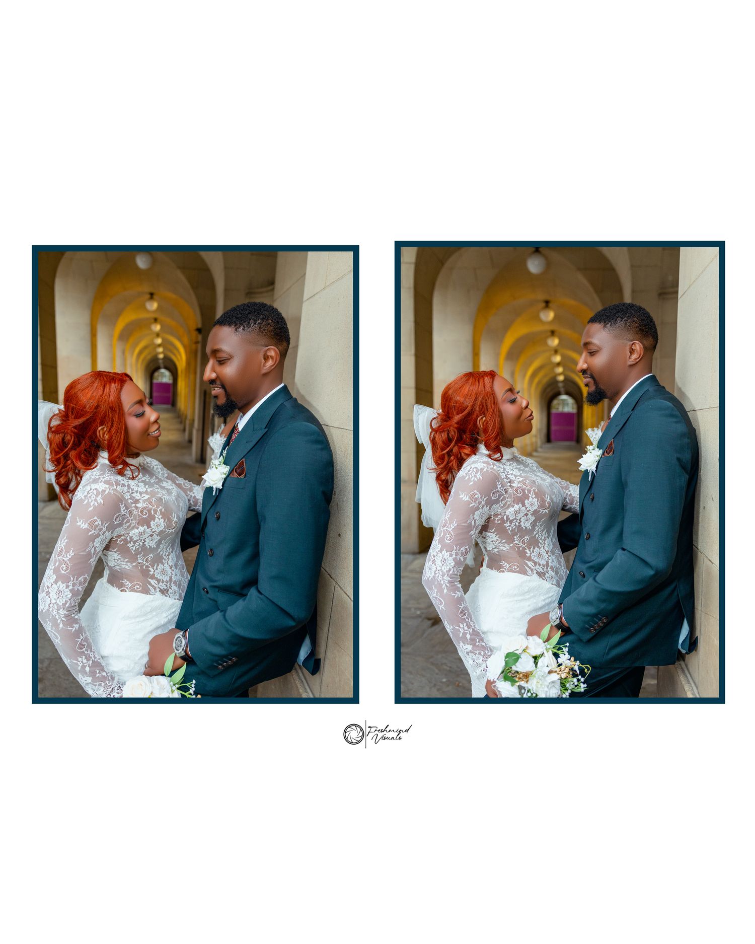 A romantic wedding couple shares an intimate moment in a hallway with beautiful arched architecture and warm lighting.
