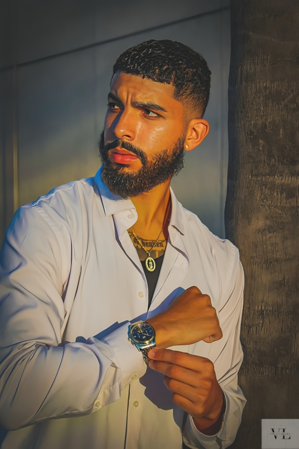 A series of artistic portrait shots showing someone in a white button-down shirt against a dark background.
