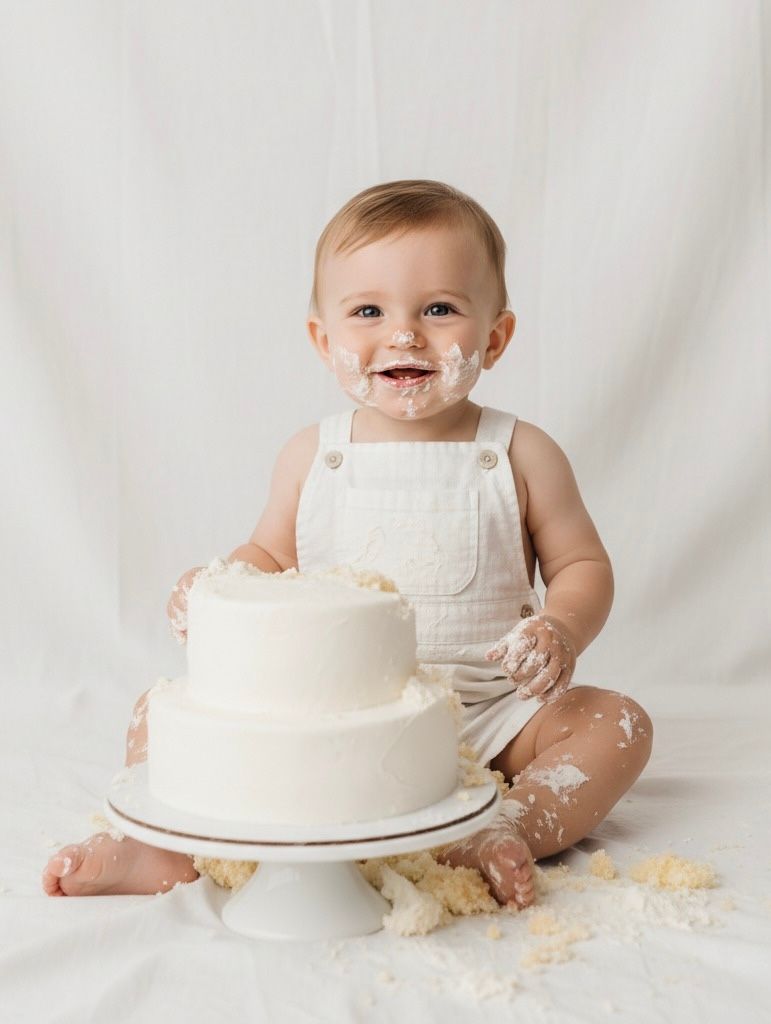 Baby in white overalls enjoying messy cake smash photoshoot against white background.
