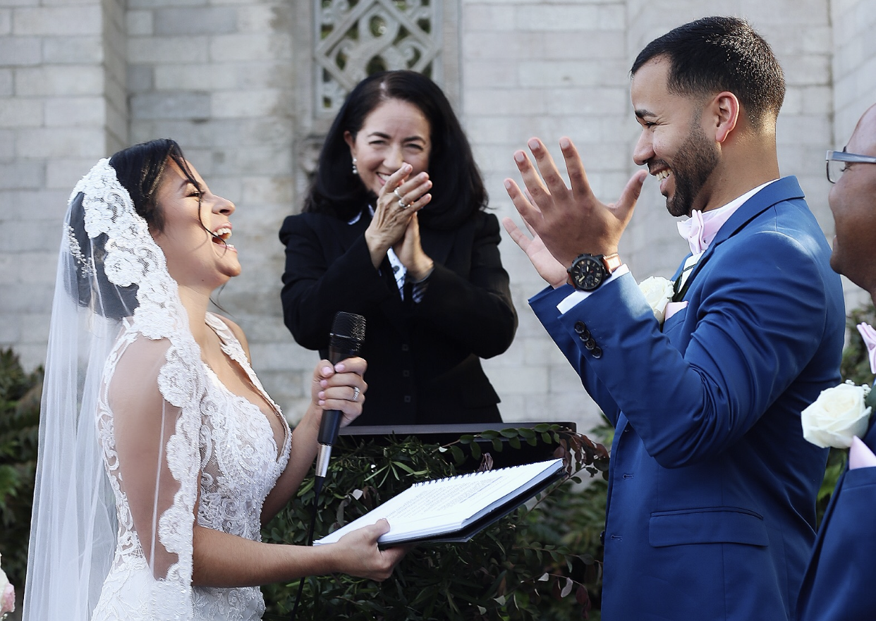 A series of romantic wedding moments showing couples dancing and embracing during their outdoor celebration.