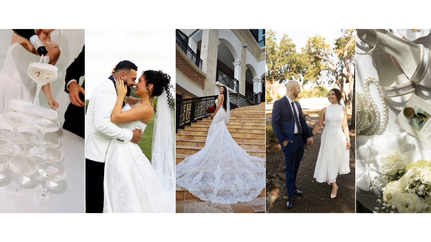 A collection of elegant wedding photos showing couples in traditional white attire and romantic moments on their special day.
