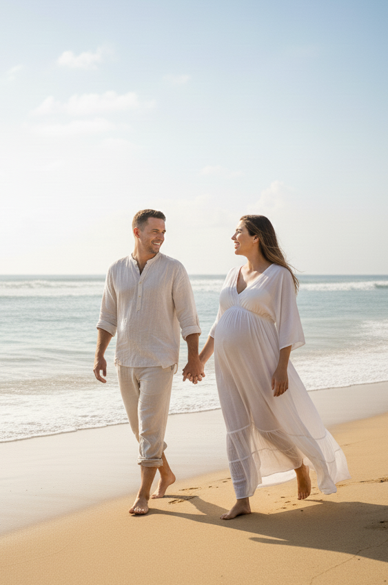 A couple in white clothing walks hand in hand along a sunny beach with ocean waves in the background.