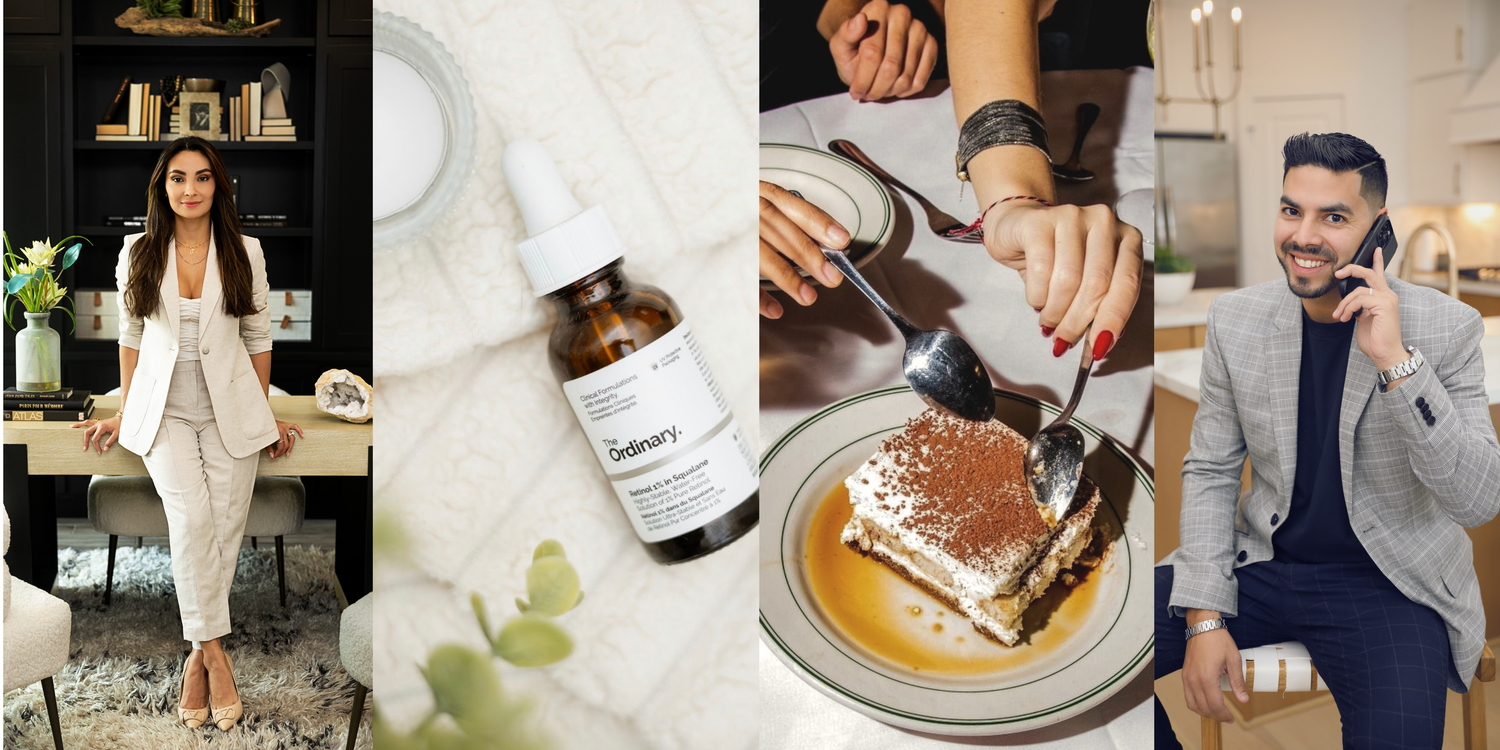 A collage featuring a woman in white suit, The Ordinary serum, tiramisu dessert, and a man in gray blazer on phone.