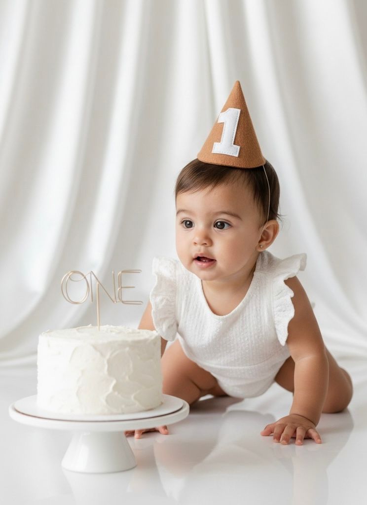 Baby in white outfit crawling near white birthday cake with number one decoration.