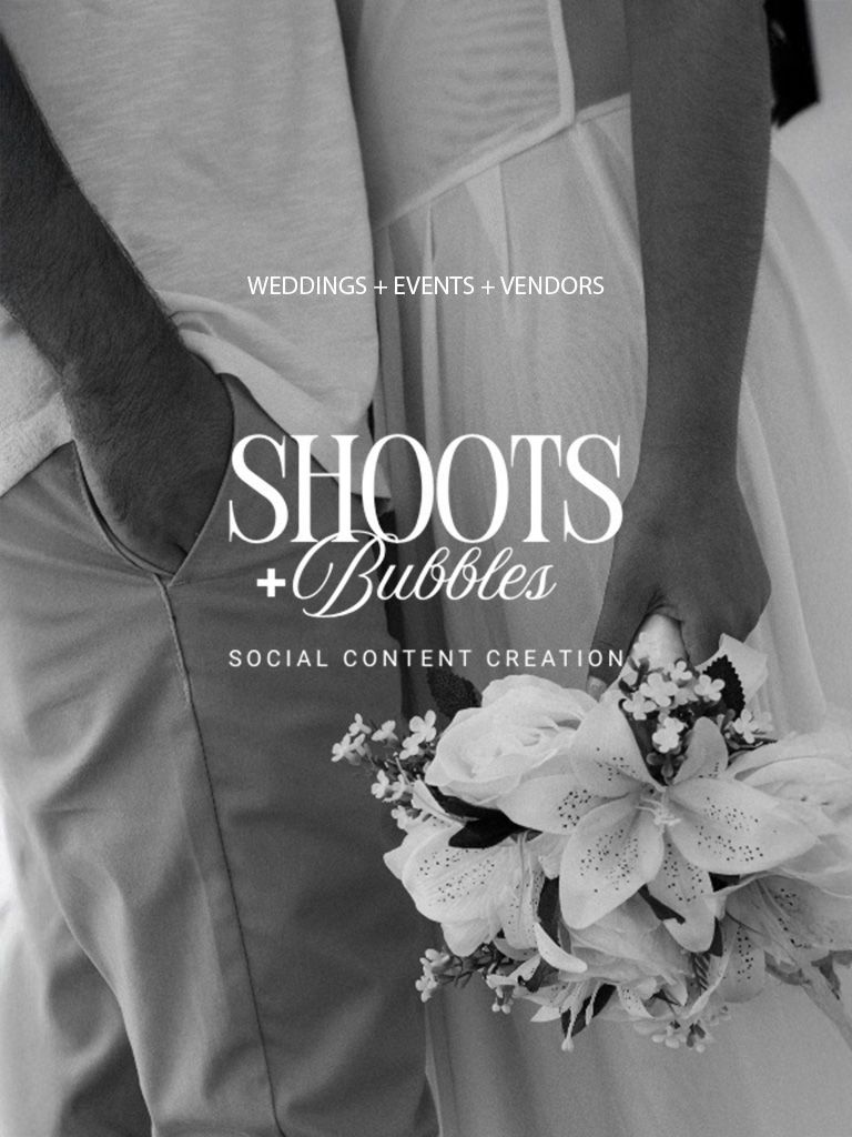 Black and white promotional image for Shoots and Bubbles wedding photography showing a bouquet of lilies.