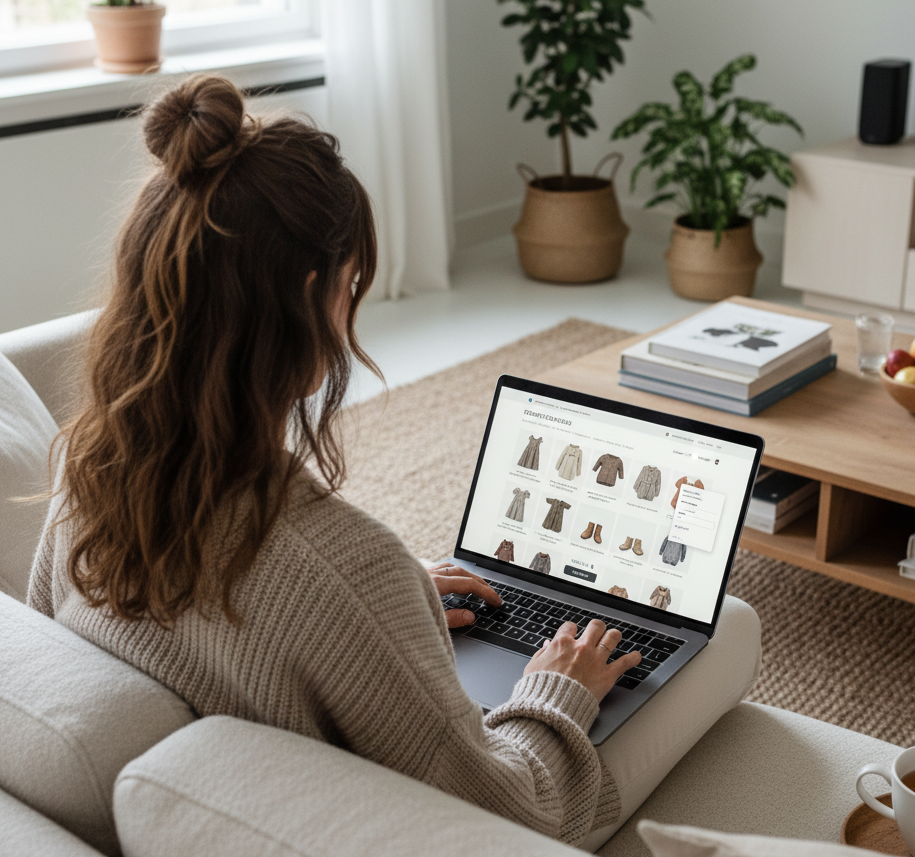 Person working from home on laptop at minimalist desk with houseplants and natural lighting.