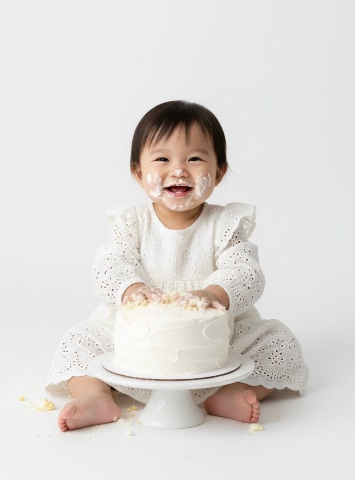 Baby in white dress enjoying cake smash photo session with white frosted cake.