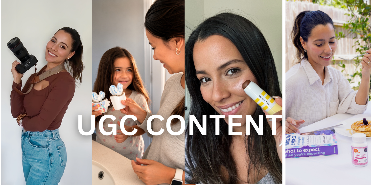 A collage of four women creating UGC content, featuring a photographer, a mother with child, a beauty influencer, and a lifestyle creator.