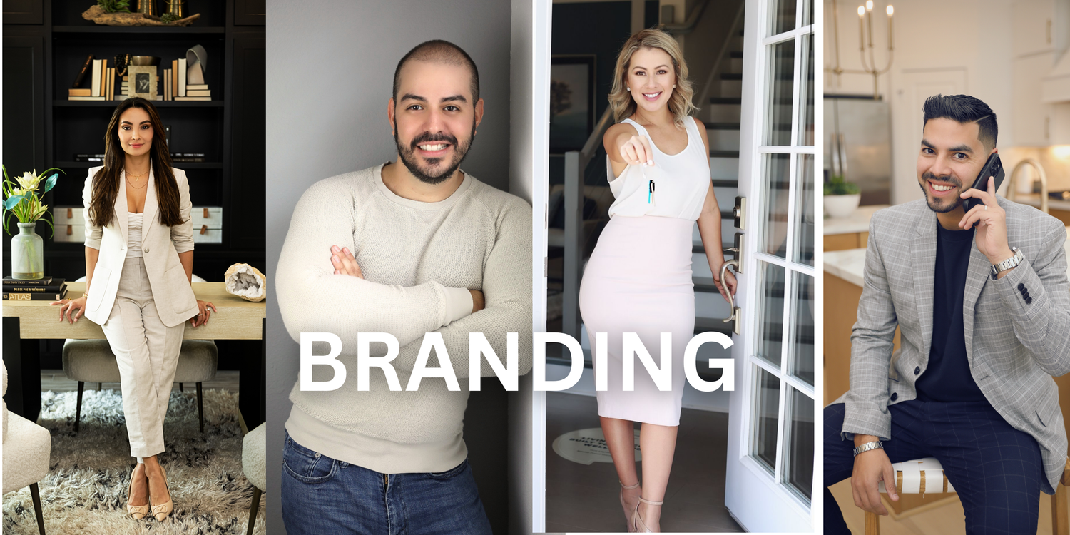 Four professional individuals posing confidently in stylish outfits with the word BRANDING displayed in the center.