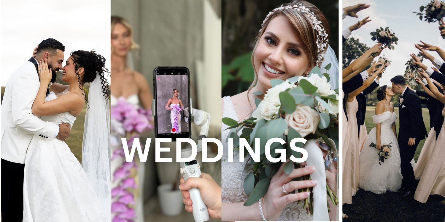 A wedding photography collage featuring couples kissing, a bride holding bouquet, and bridal party celebrating outdoors.
