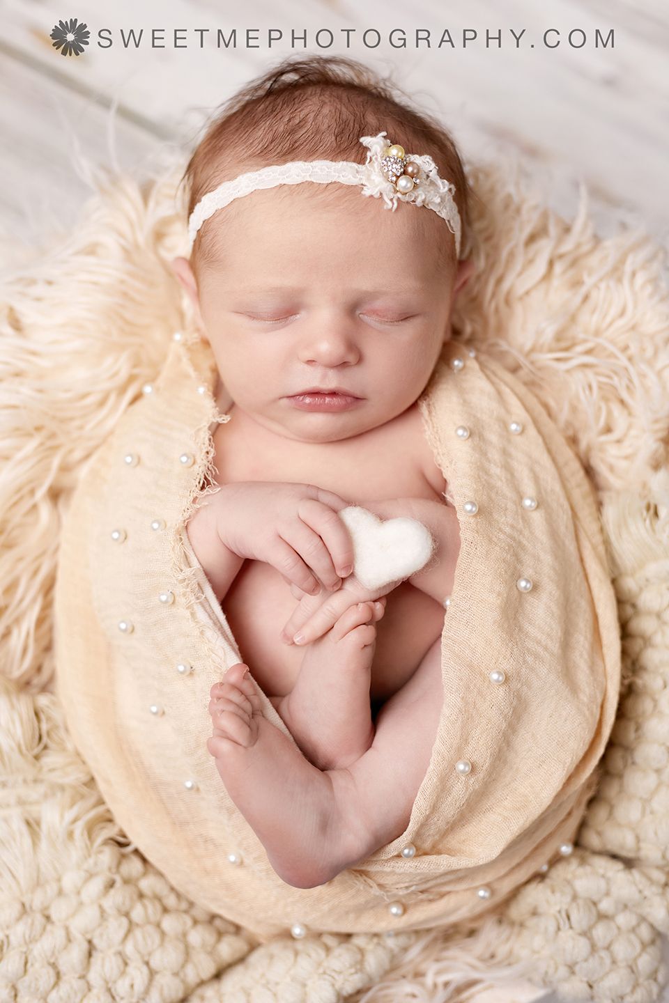 Newborn photography collage showing baby wrapped in cream fabric on soft textured backdrop.