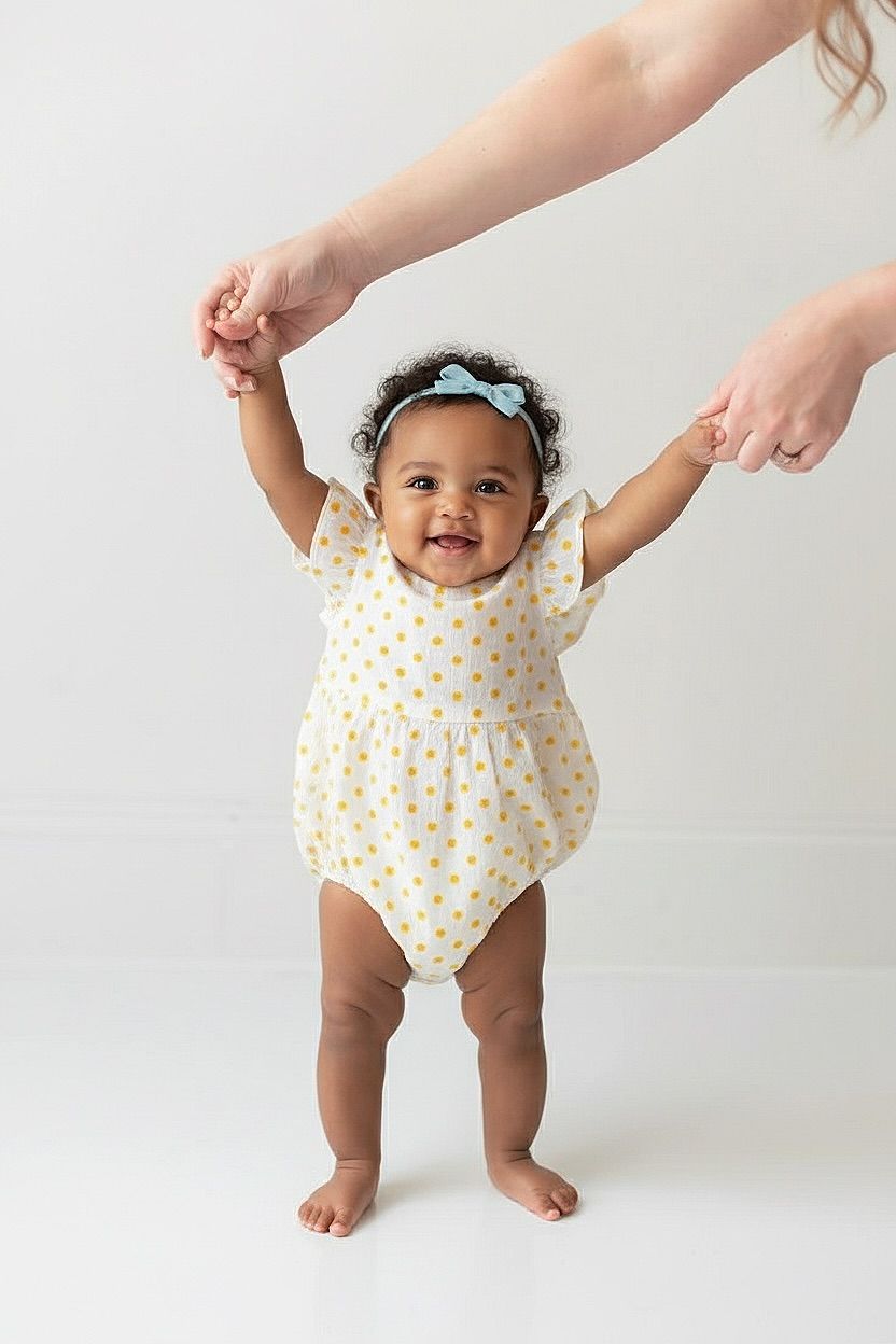 Baby wearing polka dot romper holds hands with adult while learning to stand on white backdrop.