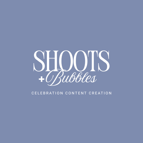 Series of blue gradient squares with text overlays showing SHOOTS branding and content creation messaging.