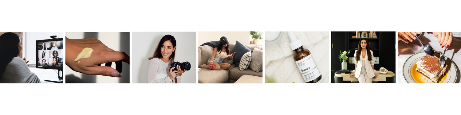 A collage of lifestyle images featuring photography, beauty, pets, wellness products, food, and accessories.