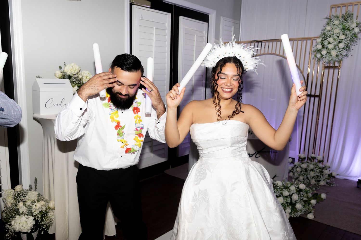 A sequence of wedding reception photos showing dancing, cake cutting, and celebration moments at an indoor venue.