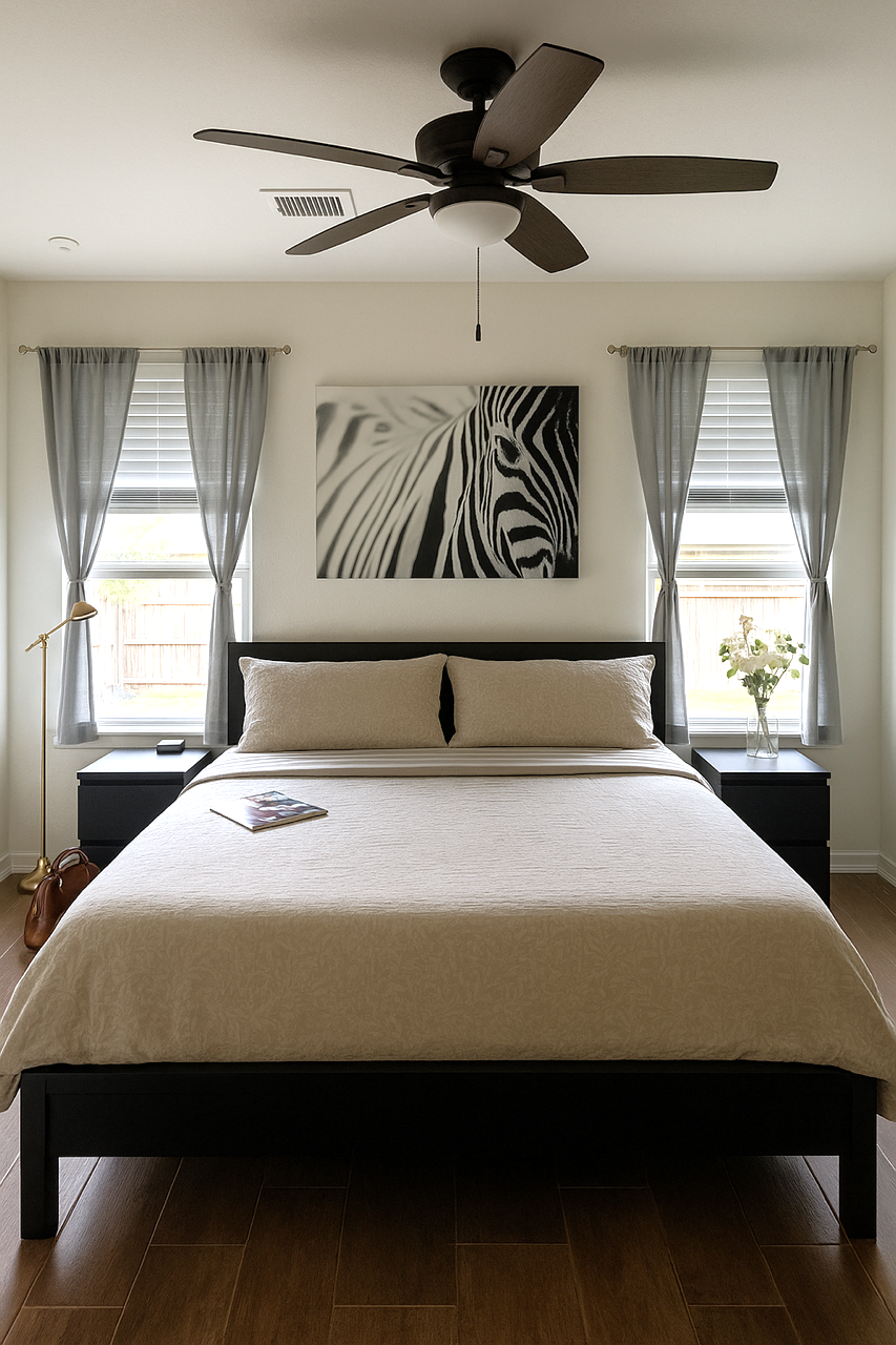 Modern bedroom with black bed frame, zebra wall art, ceiling fan, gray curtains, and wood floors.