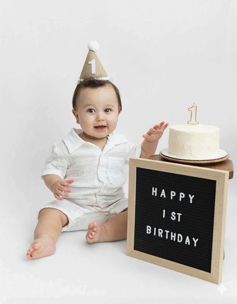A baby wearing a white outfit and party hat sits next to a letterboard and birthday cake for their first birthday celebration.