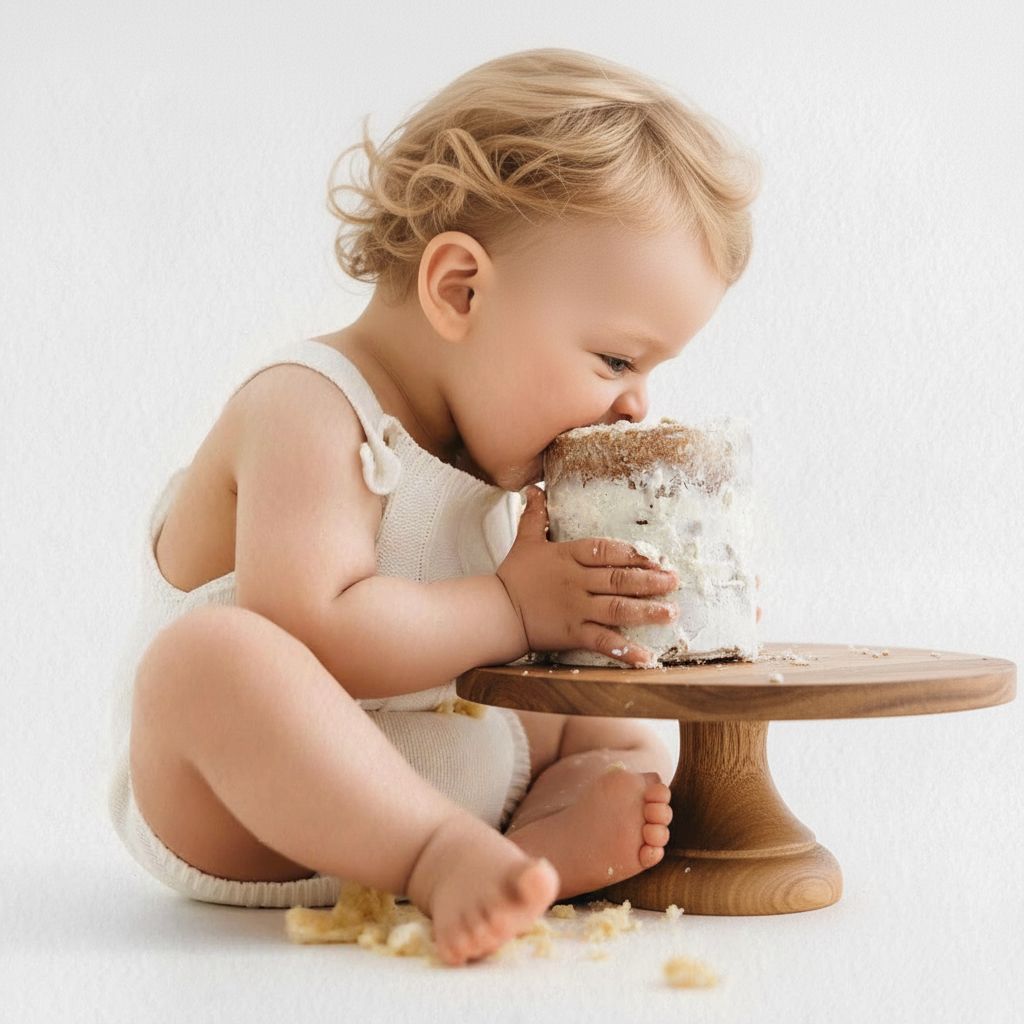Small child in white reaching up to eat cake from a wooden pedestal table in a bright studio setting.