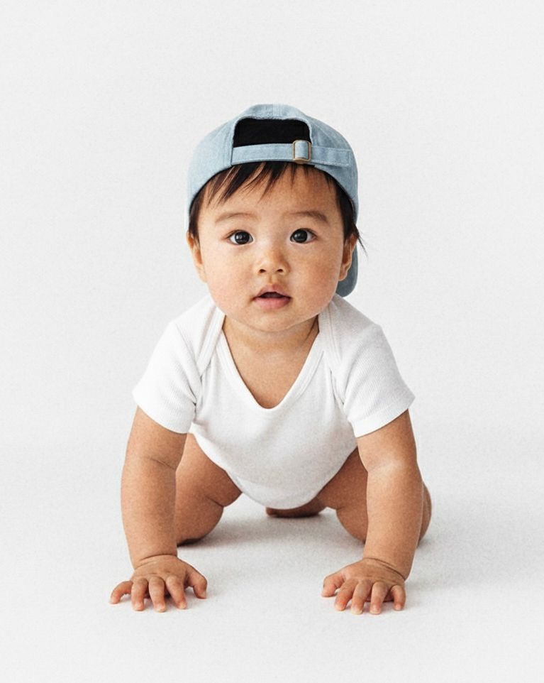 Baby in white onesie crawls on white background showing progression of movement from left to right.