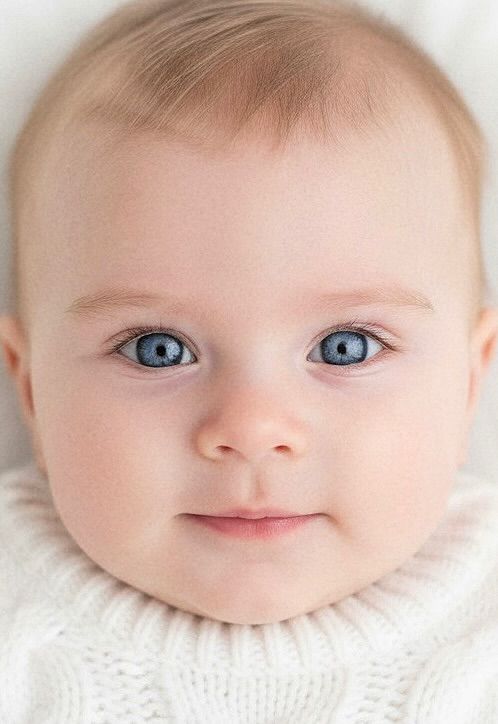 Close up portrait of baby in white knit sweater against white background.