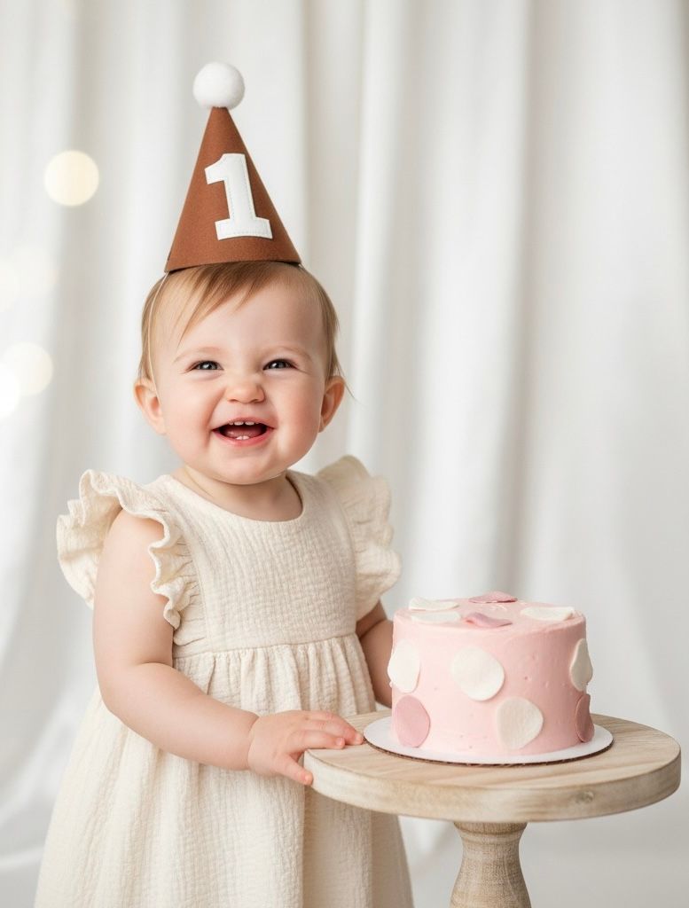 Baby in cream dress and party hat smiling next to pink birthday cake.