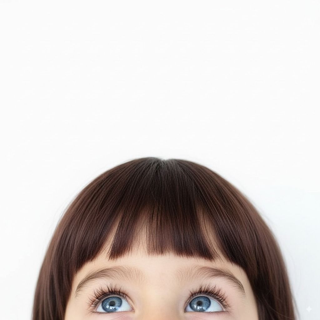 Close up of bright blue eyes with bangs framing the top of the frame.