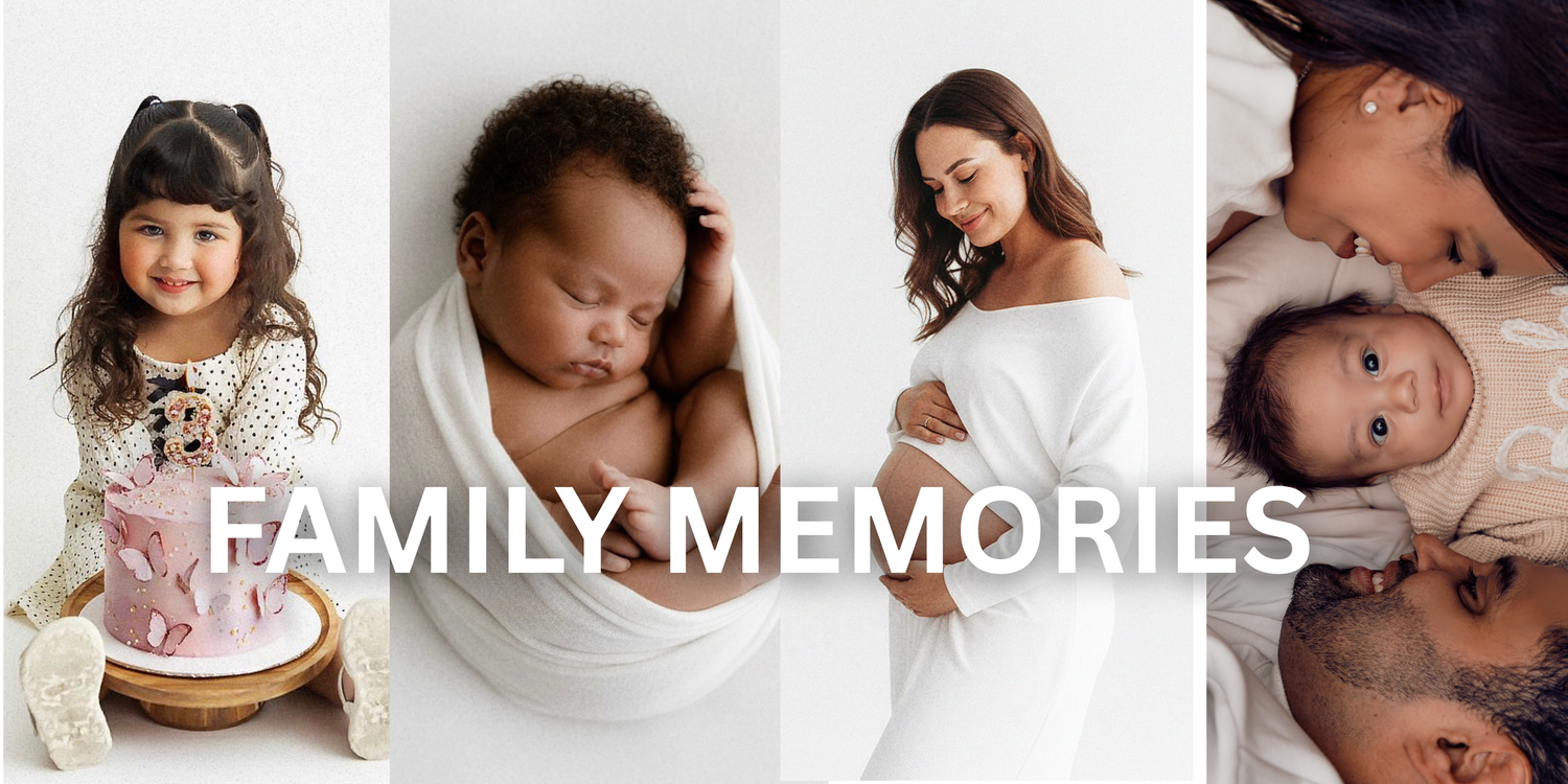 Collage of family photography sessions featuring a toddler with cake, newborn wrapped in white, pregnant woman, and mother with baby.
