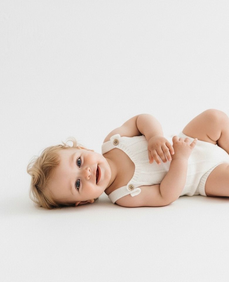 Baby in white bodysuit lying on white background in four different poses showing playful and calm expressions.