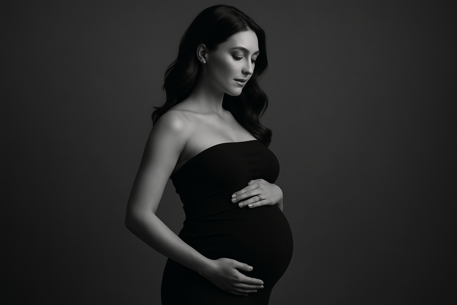 Dramatic black and white fashion photo series showing a woman in elegant poses against dark background.