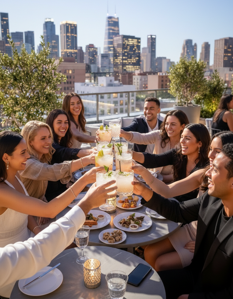 A group of friends raise their glasses in a toast while dining at a rooftop restaurant with city skyline views.