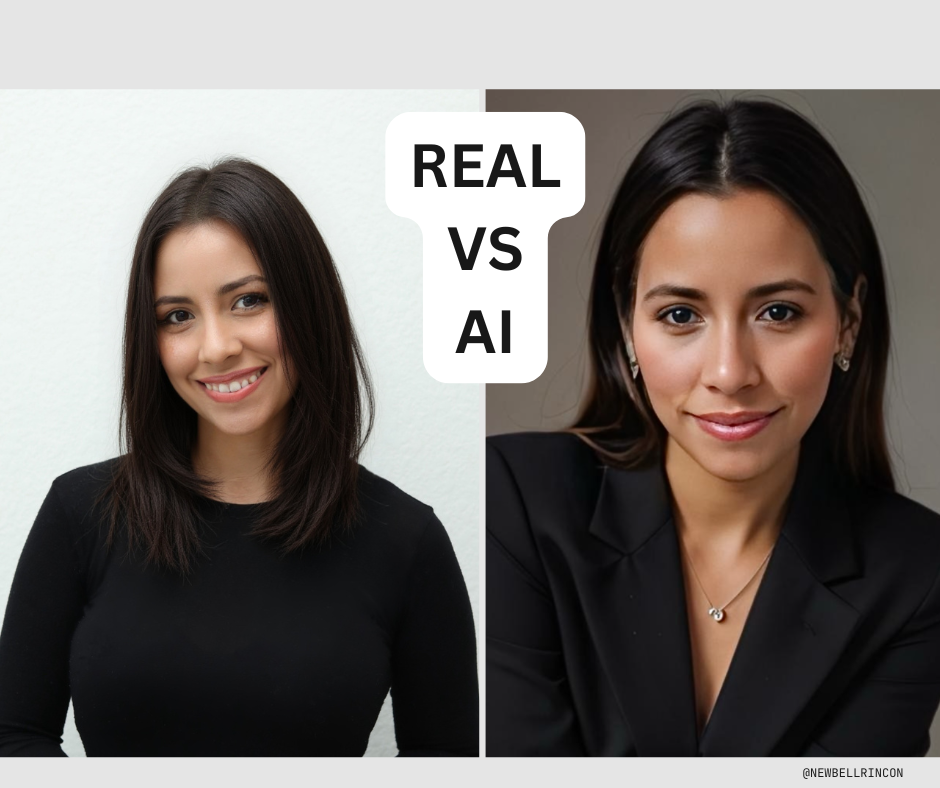 Side-by-side comparison of a real woman versus an AI-generated woman, both wearing black tops.