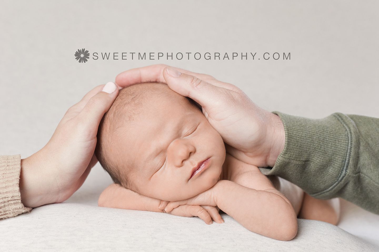 Sweet newborn photography collage showing sleeping baby in soft neutral tones with green wrap.
