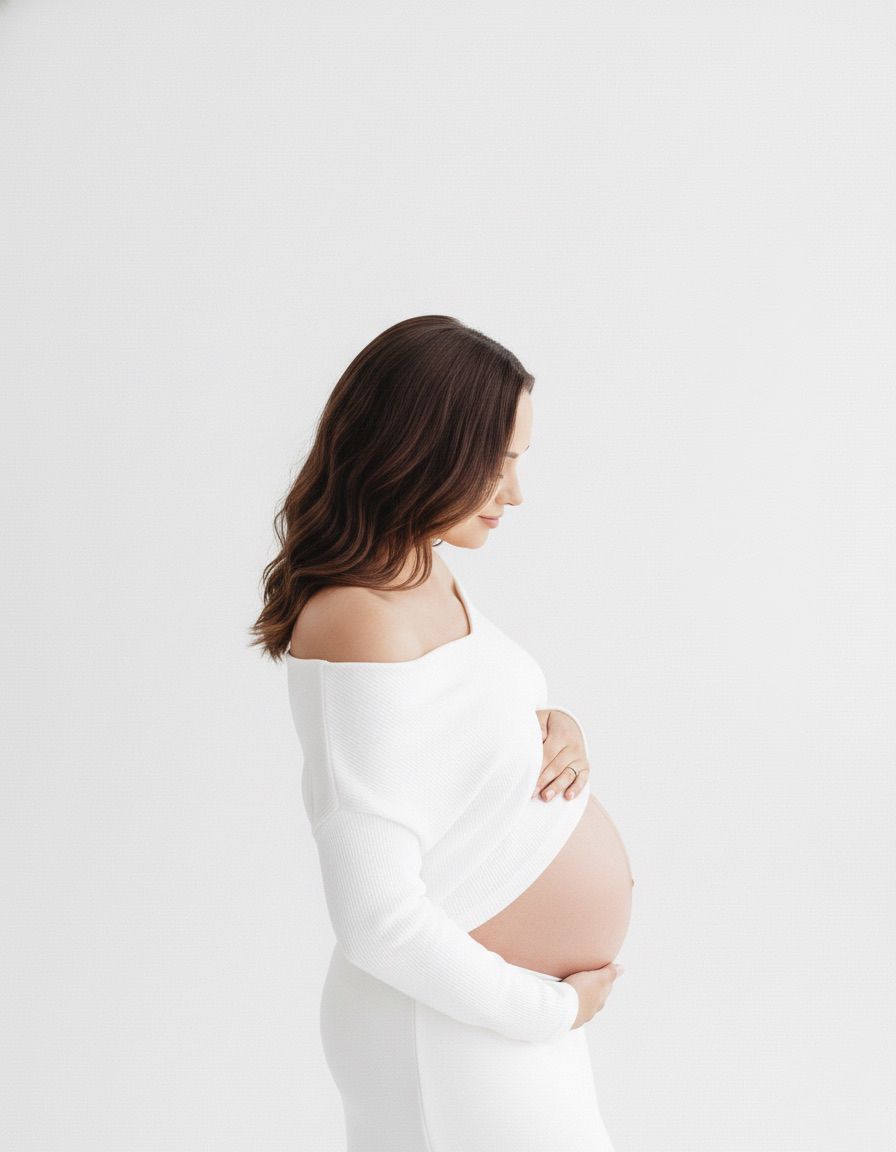 A minimalist maternity photo series showing a pregnant woman in white against a light background.