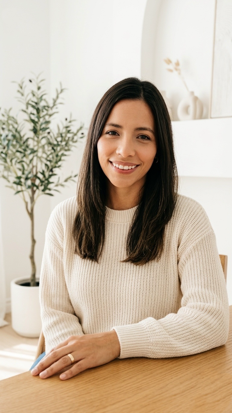 Someone in a cozy cream sweater sits at a wooden table with a potted plant and decorative elements in the bright background.