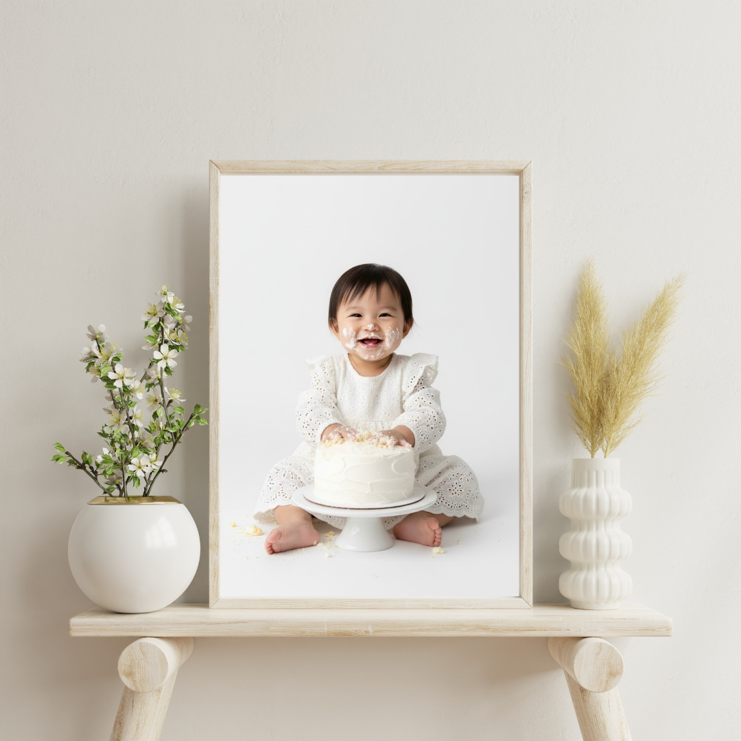 Minimalist white shelf display with framed artwork, dried pampas grass, and decorative white ceramic vases against neutral wall.