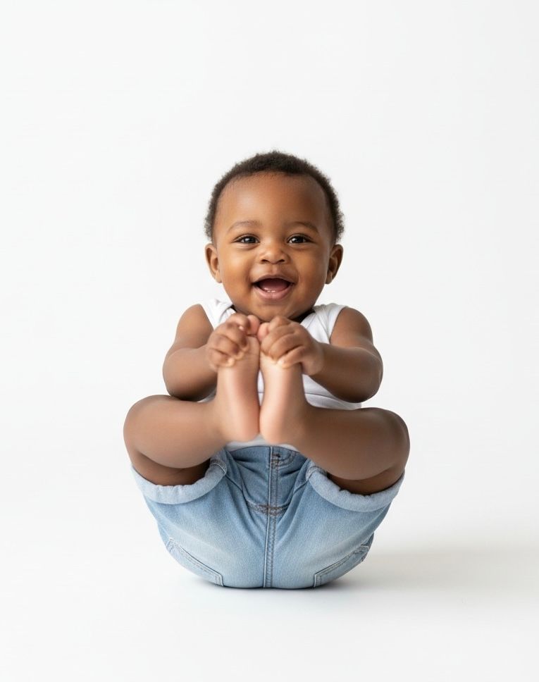 Happy baby in blue outfit playing with their toes on white background.