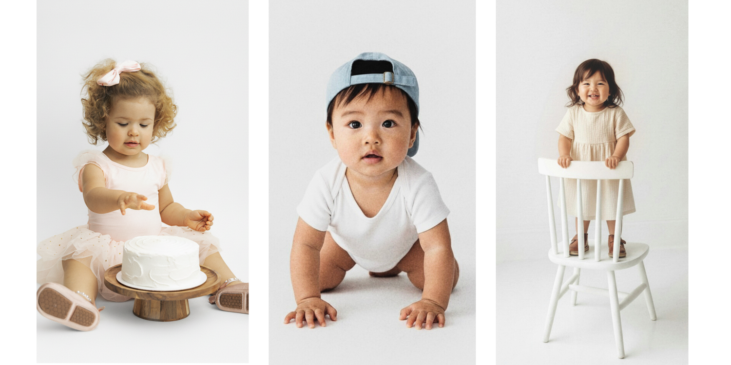 A collection of baby milestone photos showing growth and development during the first year.